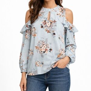 Sweet Rain Floral Cold Shoulder Blouse - Light Blue